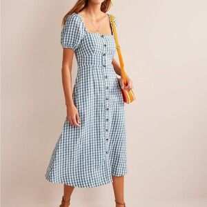Boden Dress Square Neck Linen Gingham Midi Sz US 6 UK 10